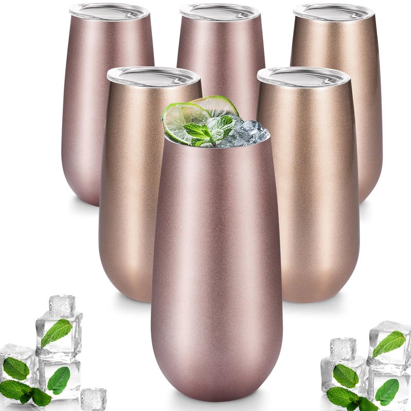 Maxdot 6 Pieces Champagne Tumbler Stemless Flutes Double Insulated Mini With Lips Stainless Steel Cocktail Cups for Coffee Wine Glass (Rose Gold, Champagne) - Image 1